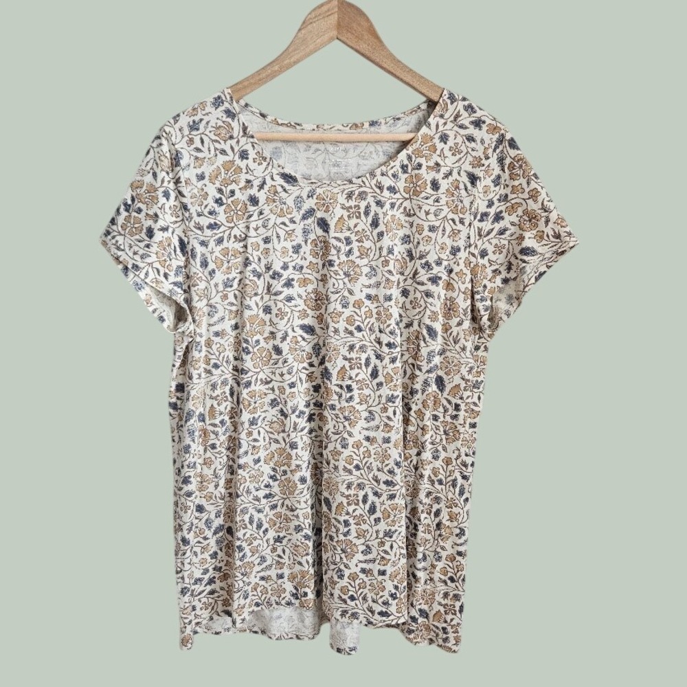 Pure Jill Pima Cotton Scoop Neck Elliptical Tee Large Floral Print Short Sleeve